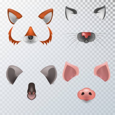 Vektör gerçekçi hayvanları yüzler görüntülü sohbet, fotoğraf efektleri, selfie filtreler set