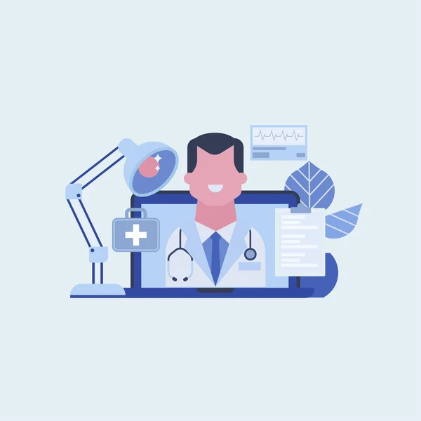 Profesyonel doktor düz vektör konsepti ile online tıbbi konsültasyon.