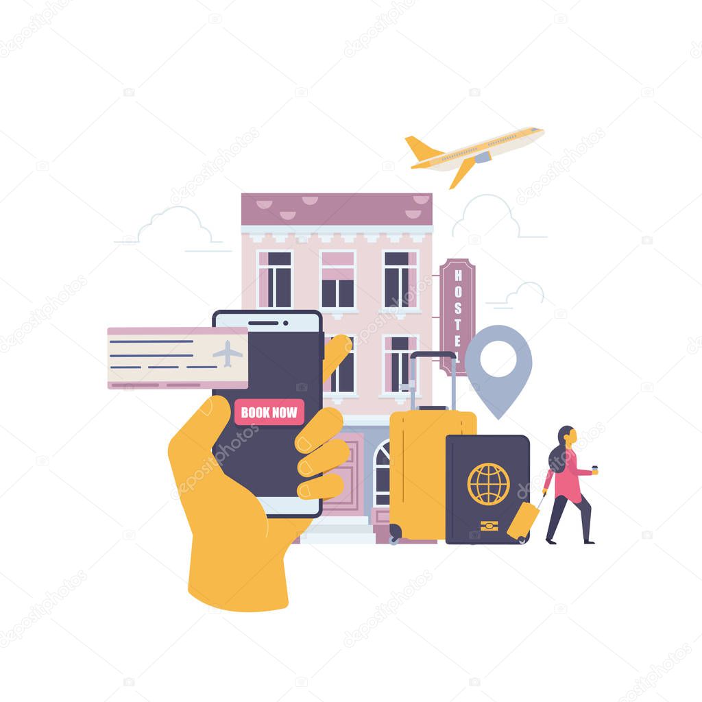 Booking hostel,travel and trip flat vector concept.