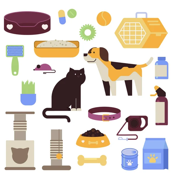 Gewoon Pet Shop Goederen Voor Katten Honden Platte Collectie Vectorillustratie — Stockvector