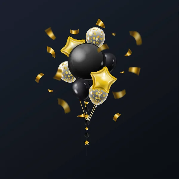Glänzender Hintergrund Mit Realistischen Luftballons Und Goldglänzendem Konfetti Vektorillustration — Stockvektor
