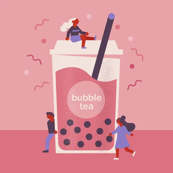 Bubble Tea Concept Cute People Characters — Stock Vector