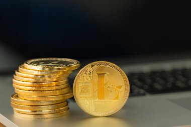 Yanında bir yığın bir dijital cryptocurrency, Döviz, mali ve bir açık dizüstü bilgisayar kopya alanı ile yatırım bir kavram içinde tek Litecoin altın