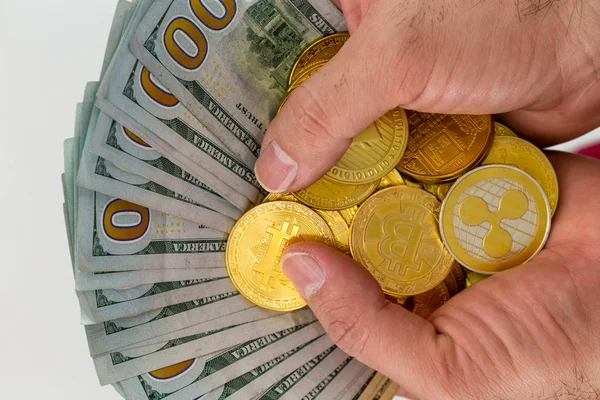 Handen Met Bundel Van Dollars Met Gouden Munten — Stockfoto