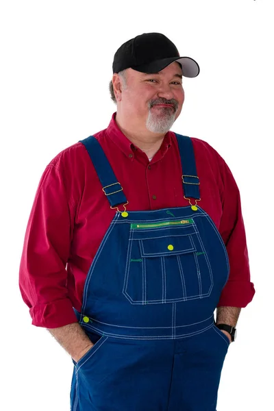 Trabalhador Sorrindo Vestindo Dungarees Contra Fundo Branco — Fotografia de Stock