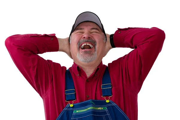 Jovial Farmer Worker Cap Denim Dungarees Enjoying Hearty Laugh Throws — Stock Photo, Image