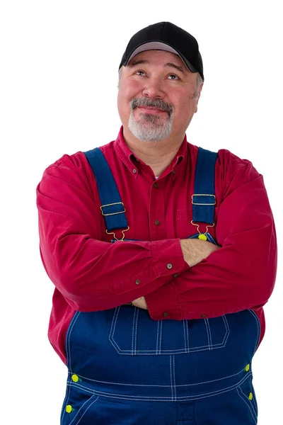 Thoughtful Confident Farmer Worker Dungarees Standing Folded Arms Looking Pensive — Stock Photo, Image