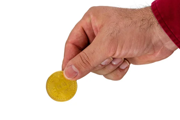 Hand Met Gouden Bitcoin Geïsoleerd Tegen Witte Achtergrond — Stockfoto