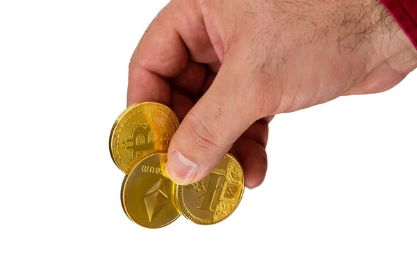 Hand Met Cryptocurrency Gouden Munt Geïsoleerd Tegen Witte Achtergrond — Stockfoto