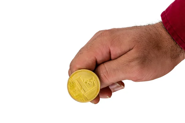 Hand Flipping Cryptocurrency Golden Coin White Background — Stock Photo, Image