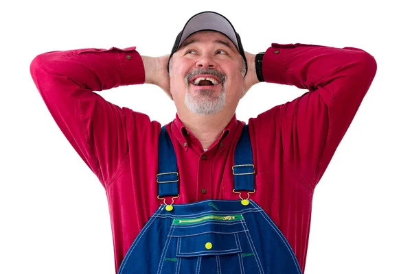 Campesino Alegre Usando Dungarees Contra Fondo Blanco — Foto de Stock