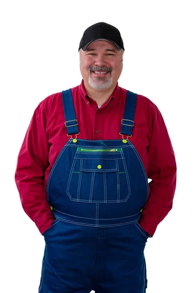 Cheerful Farm Worker Wearing Dungarees Standing White Background — Stock Photo, Image