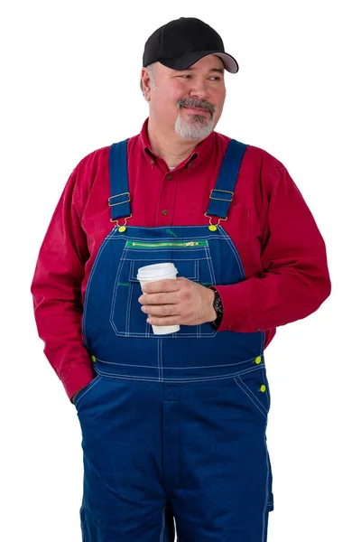 Thoughtful Farmer Worker Looking Side Quiet Smile While Standing Holding — Stock Photo, Image