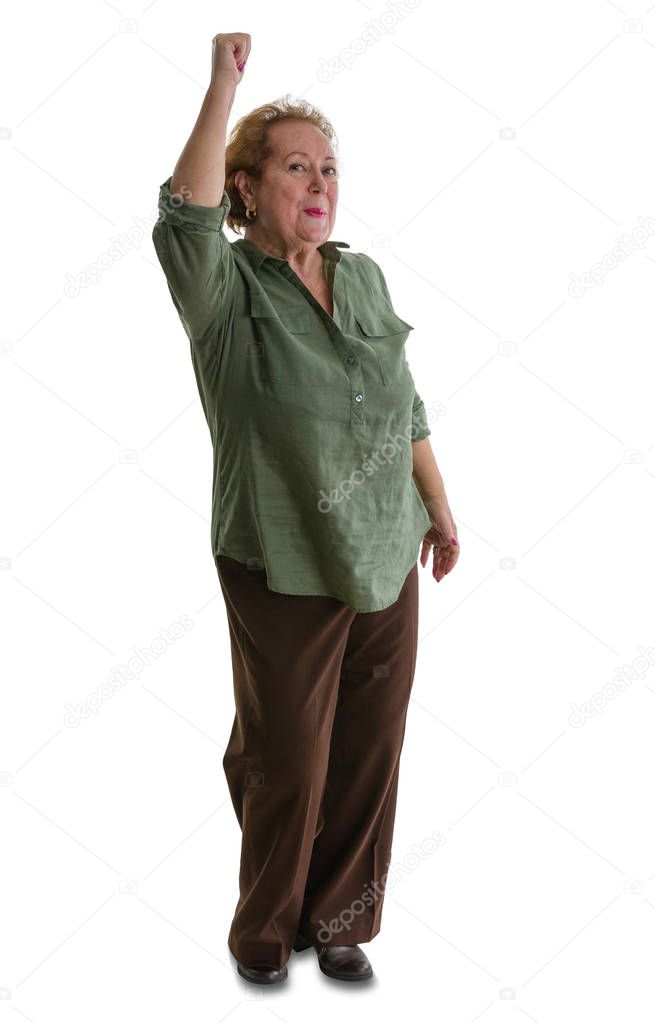 Portrait of enthusiastic senior woman raising hand while standing against white background