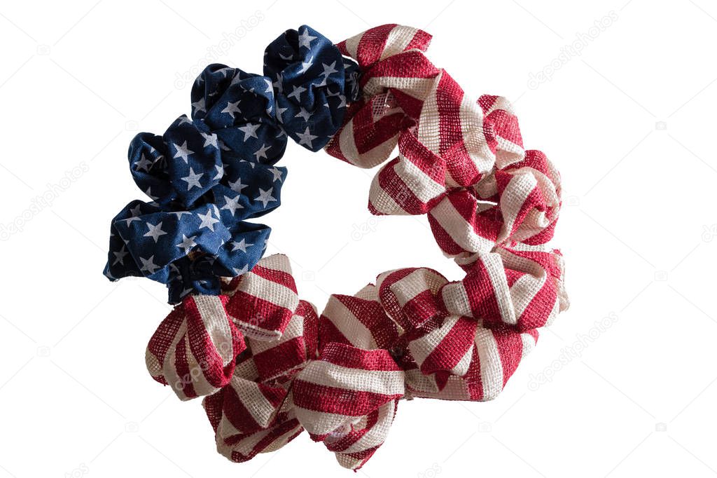 Patriotic American Independence wreath with the Stars and Stripes in knotted textile isolated on white