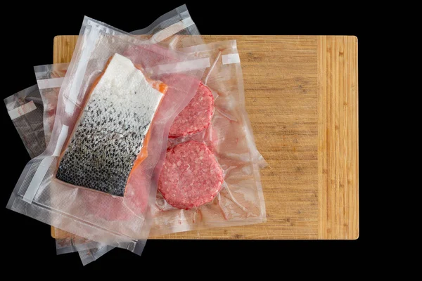 Salmon Beef Burger Patties Vacuum Packed Sous Vide Cooking Immersed — Stock Photo, Image