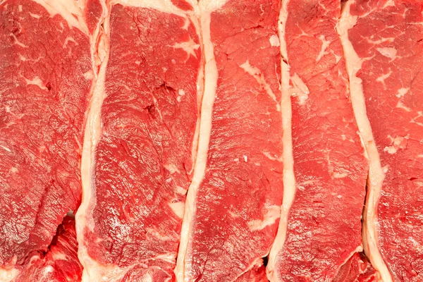 Full frame texture of raw flat iron steaks, butlers steaks or oyster blade steaks showing the grain of the flavorful meat cut from the shoulder