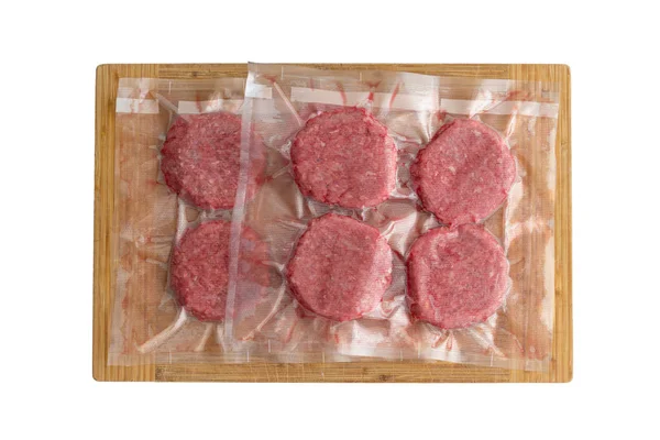 Hambúrgueres Carne Fresca Isolados Uma Embalagem Vácuo Pronta Para Ser — Fotografia de Stock
