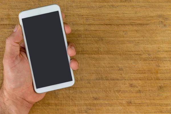 Overhead View Unidentified Man Using Hand Holding Smart Phone Scratched — Stock Photo, Image