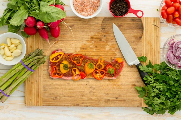 Seasoning Top Loin New York Strip Veggies Sous Vide Protein — Stock Photo, Image