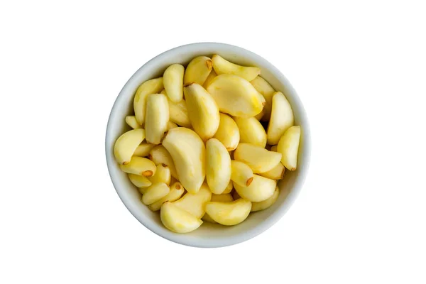 Ramekin Fresh Whole Peeled Garlic Cloves Viewed Isolated White — Stock Photo, Image