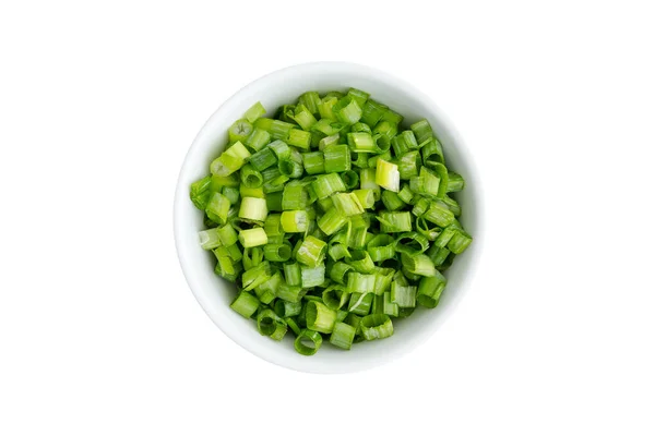 Cebolas Verdes Frescas Picadas Finamente Ramekin Cerâmico Genérico Visto Cima — Fotografia de Stock