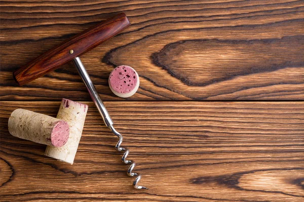 Wine Corks Corkscrew Lying Wooden Background — Stock Photo, Image