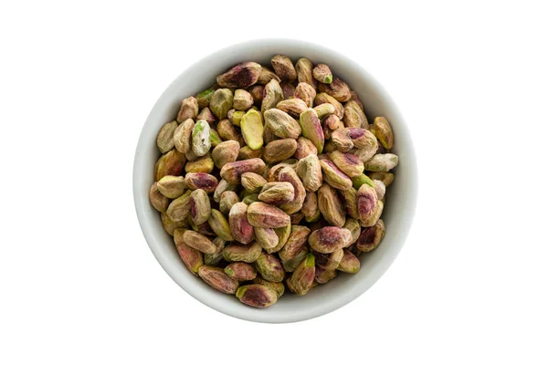 Shelled Roasted Fresh Pistachio Nuts Bowl Isolated White Viewed Center — Stock Photo, Image