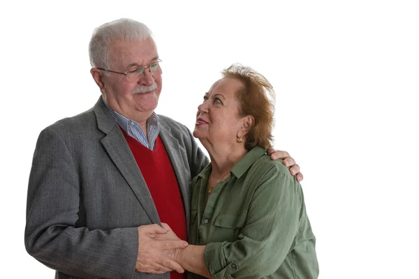 Studio Portret Van Vrolijke Senior Paar Tegen Witte Achtergrond — Stockfoto