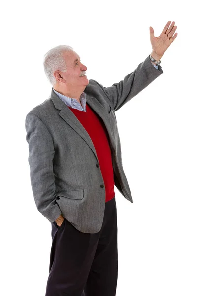 Senior Grey Haired Man Raising His Left Arm Showing Something — Stock Photo, Image