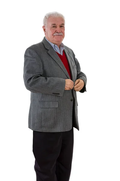 Uomo Anziano Elegante Prepara Una Riunione Piedi Abbottonando Giacca Mentre Foto Stock