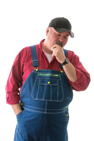 Big Man Denim Bib Overalls Cap Standing Thinking Looking Floor — Stock Photo, Image