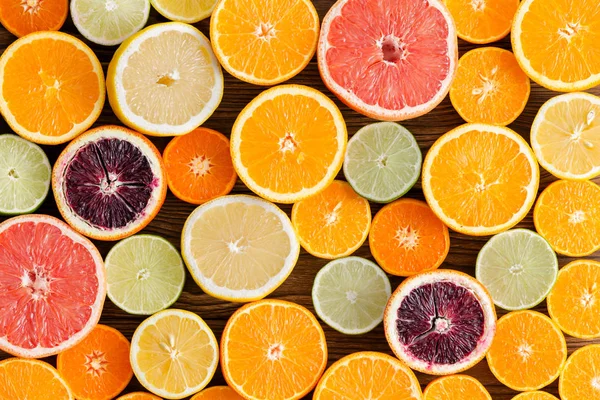 Textura Fundo Padrão Misto Maduro Corte Suculento Frutas Cítricas Cortadas — Fotografia de Stock