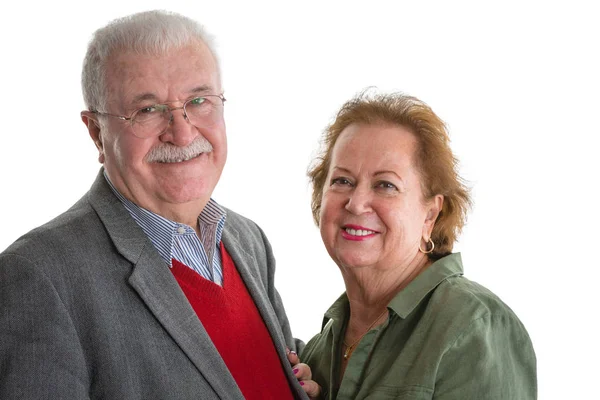 Feliz Amable Pareja Ancianos Amorosos Pie Juntos Abrazo Sonriendo Felizmente —  Fotos de Stock