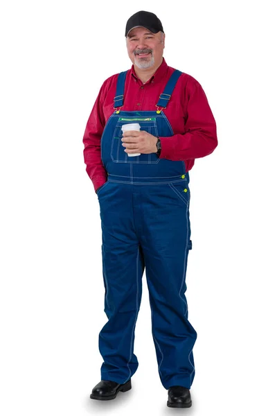 Full Length Portrait Worker Denim Dungarees Cap Red Shirt Standing — Stock Photo, Image