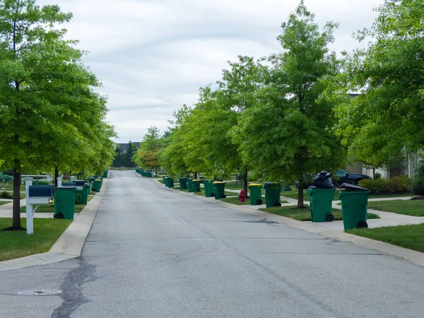 在阴天 绿树成荫的城市街道上 有垃圾箱准备在路边收集垃圾 — 图库照片