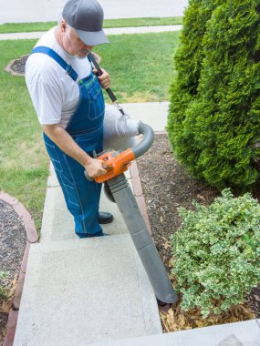 Adam ölü yaprak yeşil yapraklı çalılıklar ve çalılar çevresinde dikkatli bir şekilde devam onun evin dışında flowerbed vakumlama