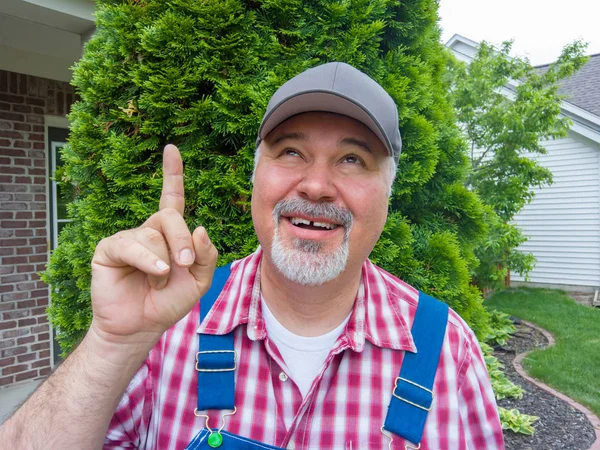 Farmer Checking Weather Pleased Smile Points His Finger Sky His — Stock Photo, Image