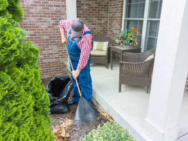 Hombre Rastrillando Hojas Muertas Cerca Casa Trabajando Lado Del Porche — Foto de Stock