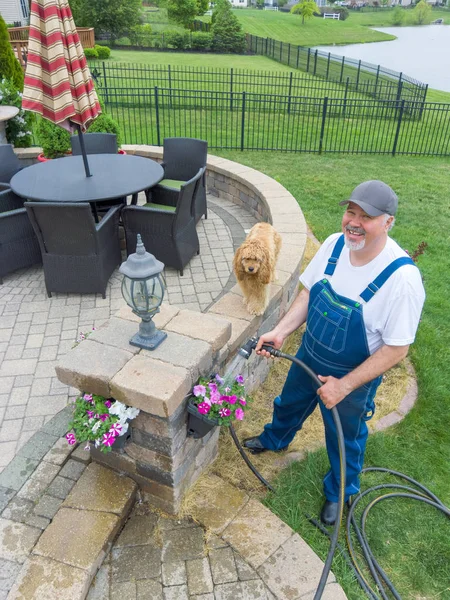 Man Watering Colorful Spring Flowers Hanging Pots His Patio His — Stock Photo, Image