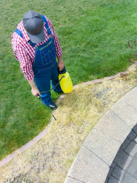 男彼は根おおいをし 植栽の準備として新しく区画の花壇に春の草に除草剤を散布 — ストック写真