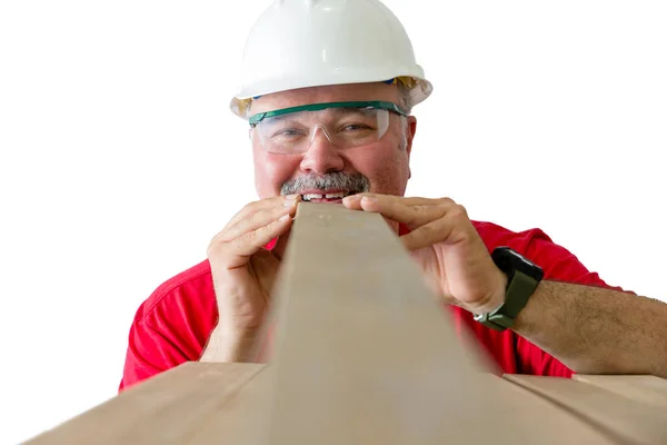 Smiling Mature Worker Helmet Safety Glasses Inspecting Quality Wooden Plank — Stock Photo, Image