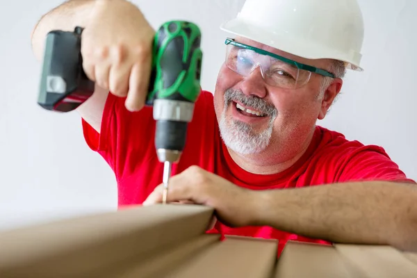 Portrait Cheerful Man Assembling Wooden Construction Drill Drive — Stock Photo, Image