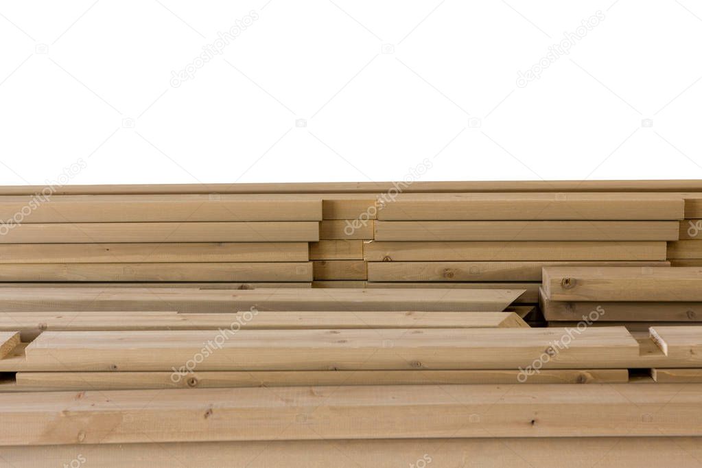 Pile of timber planks isolated against white background