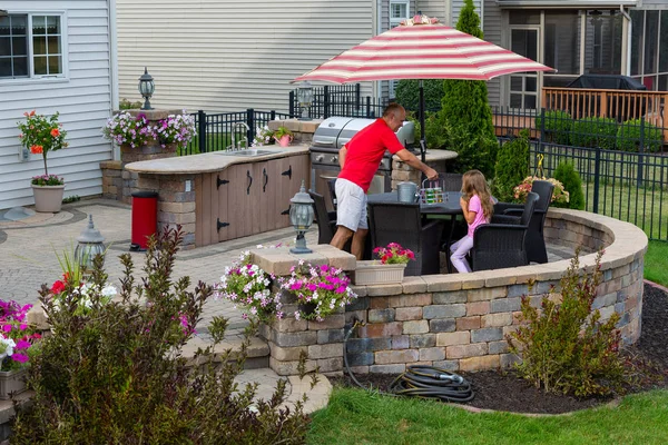 Daddy Serving Lemonade His Little Daughter Outdoors Brick Patio She — Stock Photo, Image