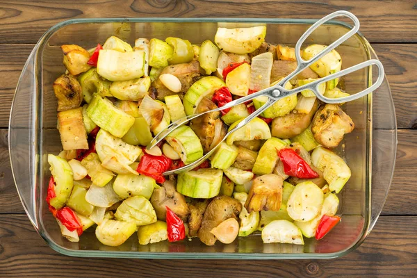 Overhead View Rectangular Glass Casserole Dish Filled Savory Roasted Vegetables — Stock Photo, Image