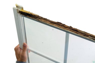 Ahşap çerçeve içinde ıslak çürüklüğü ile hasarlı bir pencere yerine kış için hazırlık sırasında üzerinde beyaz holding adam