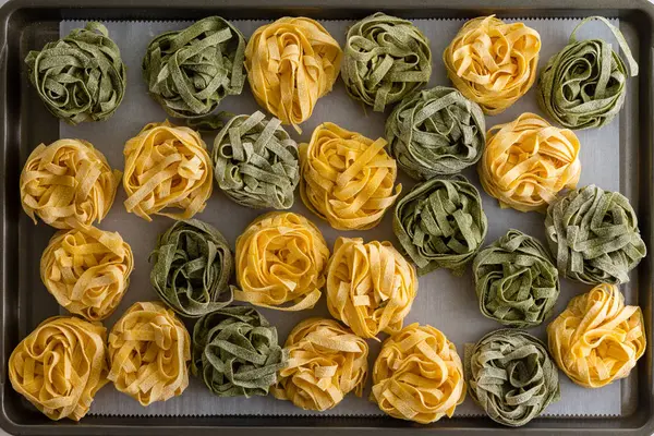 Färsk Hemlagad Fettuccine Pasta Torkning Bakplåt Med Bollar Torkade Ägg — Stockfoto