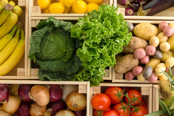 Overhead View Separated Rectangular Wooden Boxes Random Produce Including Lettuce — Stock Photo, Image
