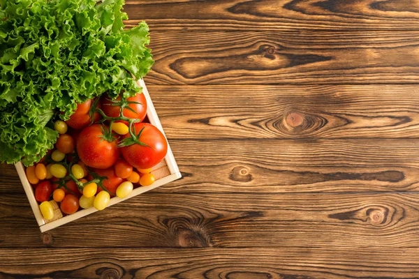 在从上面观看的有机农贸市场上 在桌子上的一个小木箱里 在一个小木箱里分类成熟的整个西红柿和新鲜的绿色生菜 — 图库照片